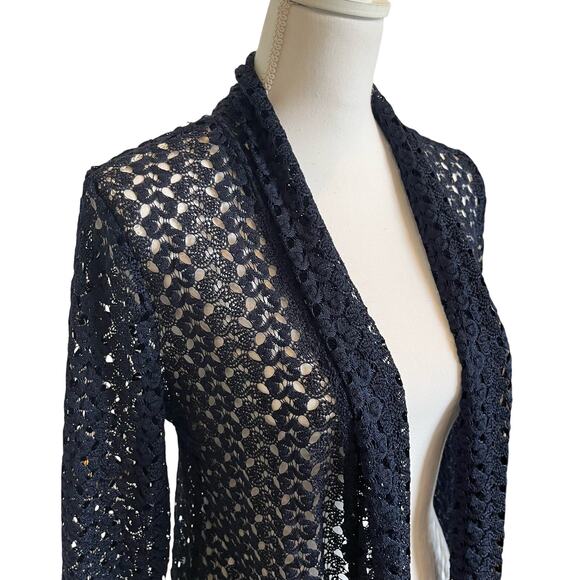 JM Collection Cardigan Petite Size Large Navy Blue Open Stitch Knit Topper Light - Picture 4 of 10